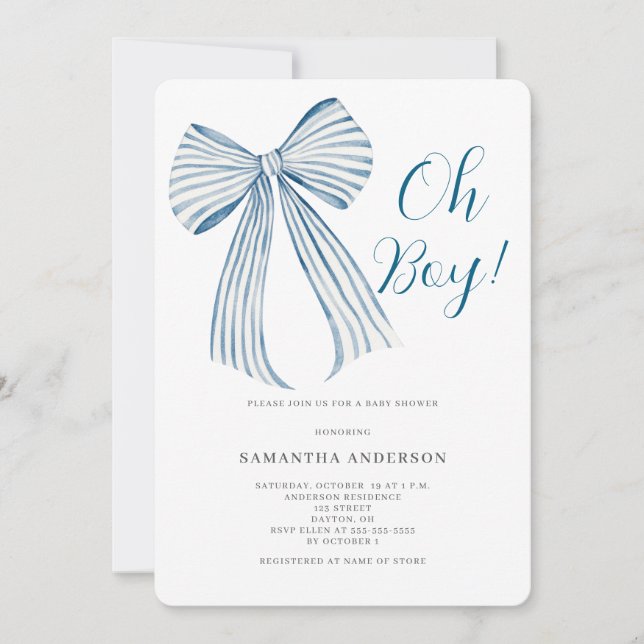 Invitation  Baby Shower Oh Boy Blue Bow Bébé (Devant)