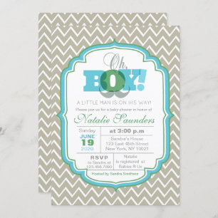 Invitation Baby shower Oh Boy Blue et Green Mustache
