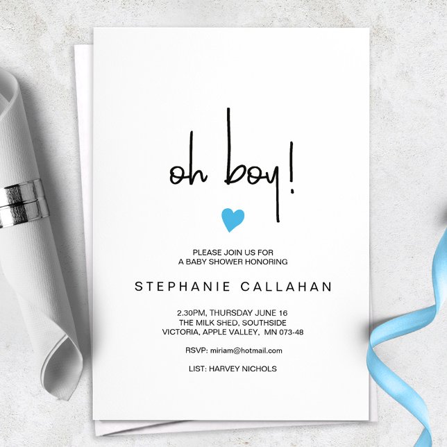Invitation Baby shower Oh Boy Blue Heart Modern (Créateur téléchargé)