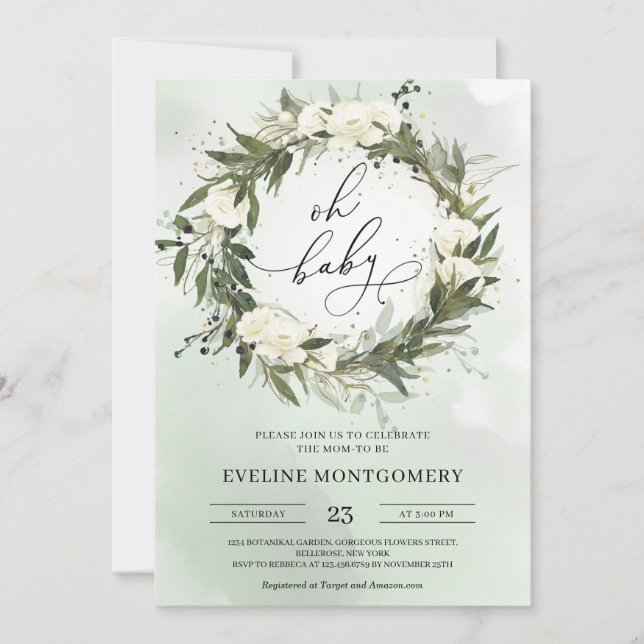 Invitation Baby shower Oh vert moderne Wreath White Roses (Devant)
