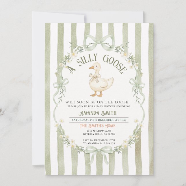 Invitation Baby Shower Oie Silly Verte Préparatoir (Devant)