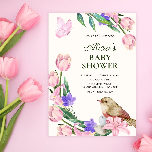 Invitation Baby shower oiseau branche florale (Créateur téléchargé)