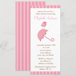 Invitation Baby shower Oiseau rose Parapluie Fille