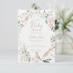Invitation Baby shower oiseaux bébé feuilles florales aquarel
