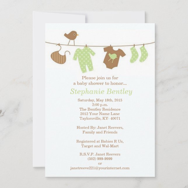 Invitation Baby shower Oiseaux de blanchisserie verte 5x7 Inv (Devant)