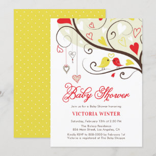 Invitation Baby shower Oiseaux et cordes jaunes et rouges