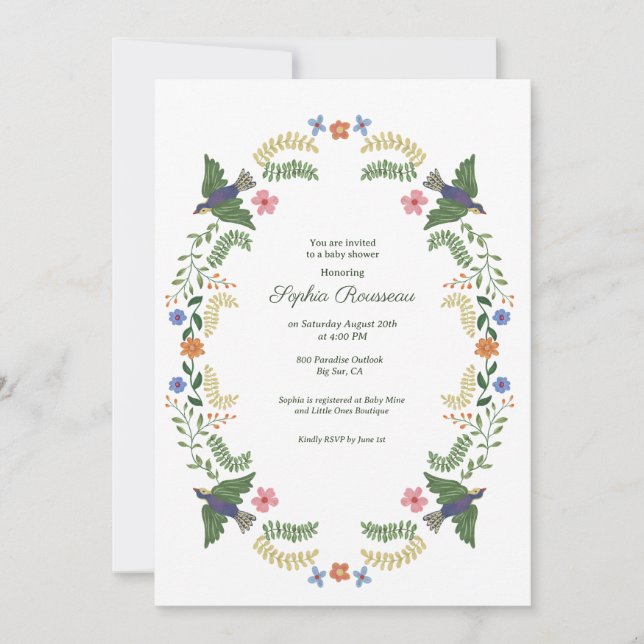 Invitation Baby Shower Oiseaux Floraux Fantaisistes (Devant)