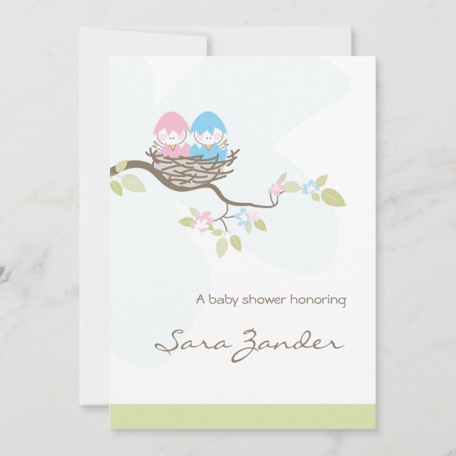 Invitation Baby shower - Oiseaux jumeaux roses et  (Devant)