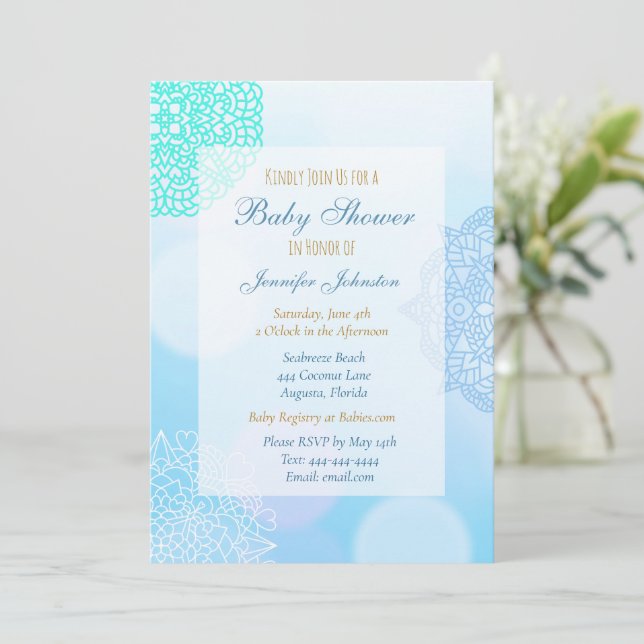 Invitation Baby shower Ombre bleu, Turquoise et blanc Mandala (Debout devant)