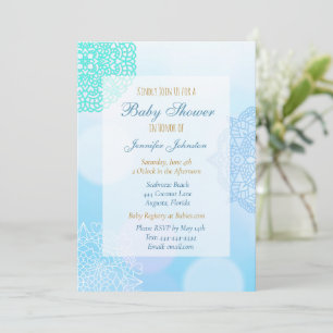 Invitation Baby shower Ombre bleu, Turquoise et blanc Mandala
