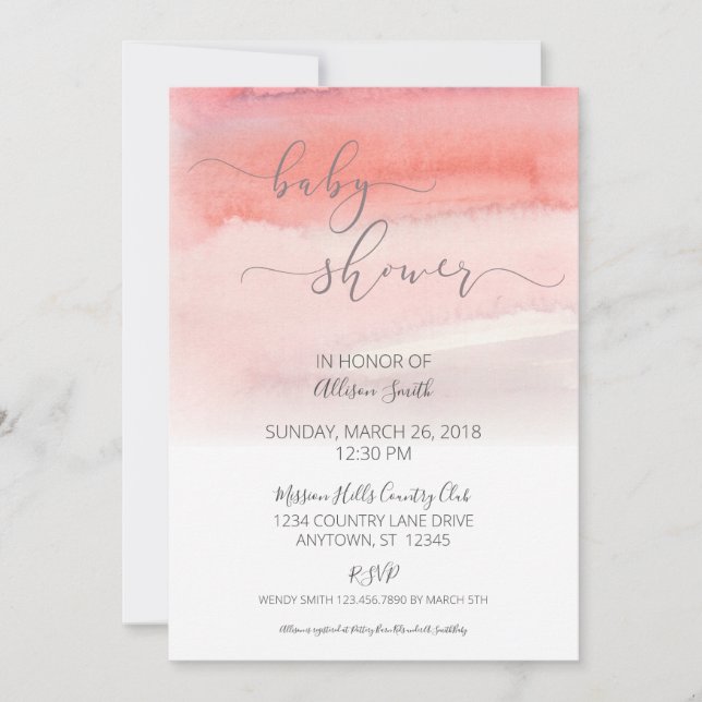 Invitation Baby shower Ombre Pink Watercolor (Devant)