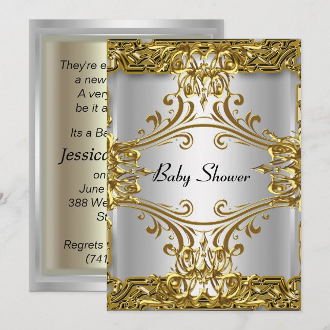 Invitation Baby Shower Or Argent Neutre (Devant / Derrière)
