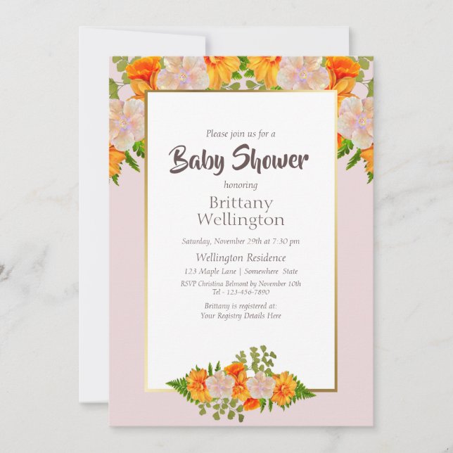 Invitation Baby shower Or Blush rose Orange Floral (Devant)