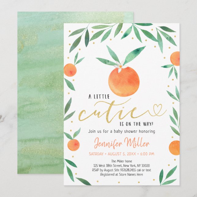 Invitation Baby shower Or Little Cutie Greenery (Devant / Derrière)