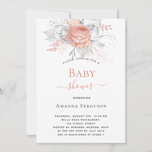 Invitation Baby shower or rose or argent blanc floraux élégan (Devant)