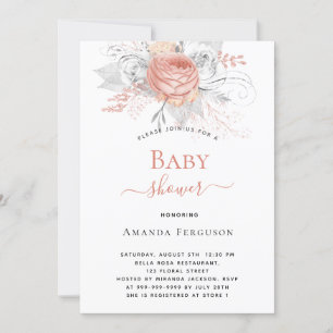 Invitation Baby shower or rose or argent blanc floraux élégan