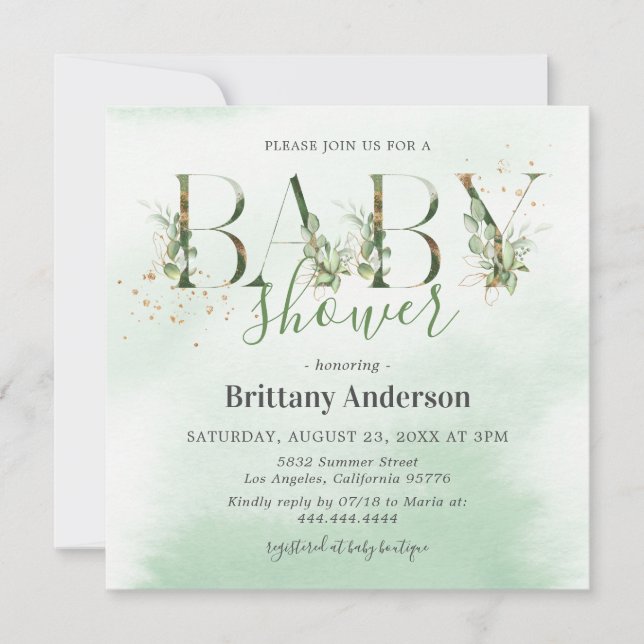 Invitation Baby Shower Or Rustique Eucalyptus Doré (Devant)