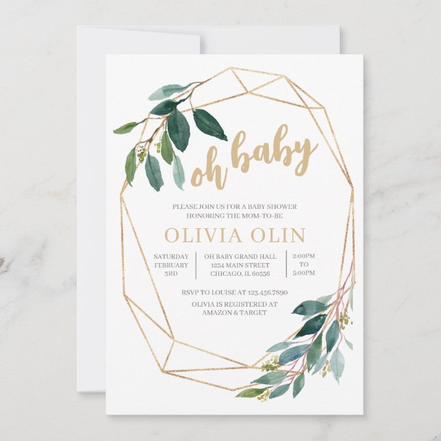Invitation Baby shower Or verdoyant (Devant)