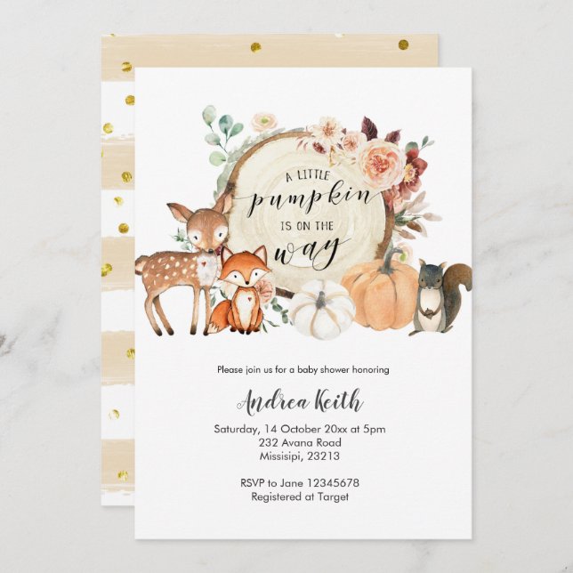 Invitation Baby shower orange brûlé citrouille de la forêt (Devant / Derrière)