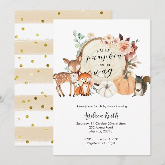 Invitation Baby shower orange brûlé citrouille forêt automne (Devant / Derrière)