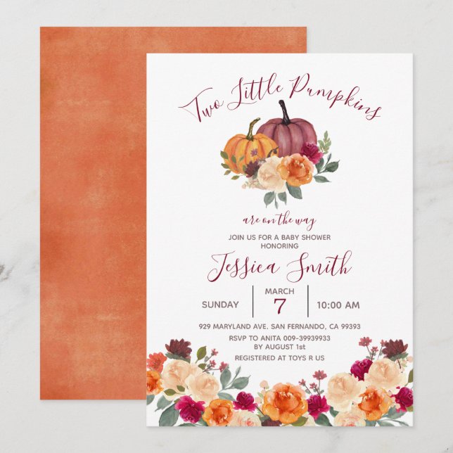 Invitation Baby Shower Orange Brûlé Deux Petits Citrouilles (Devant / Derrière)