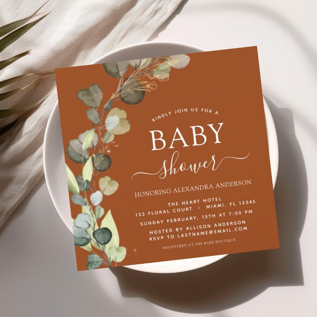 Invitation Baby shower orange brûlé vert Eucalyptus (Créateur téléchargé)