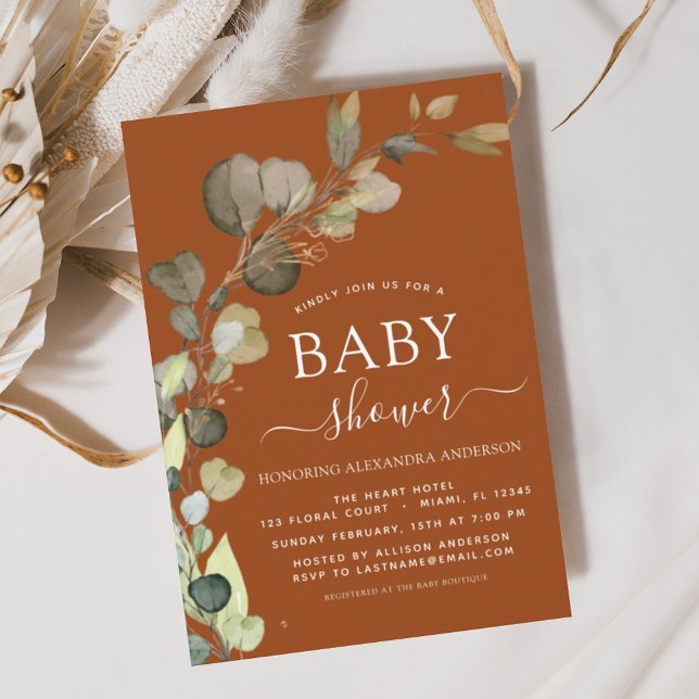 Invitation Baby shower orange brûlé vert Eucalyptus (Créateur téléchargé)