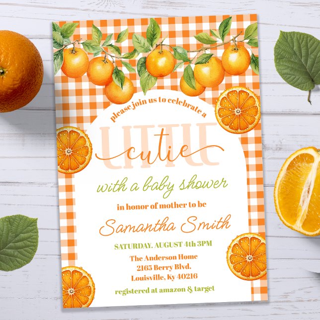 Invitation Baby Shower Orange Citron Gingham Petite Bébé Fill (Créateur téléchargé)