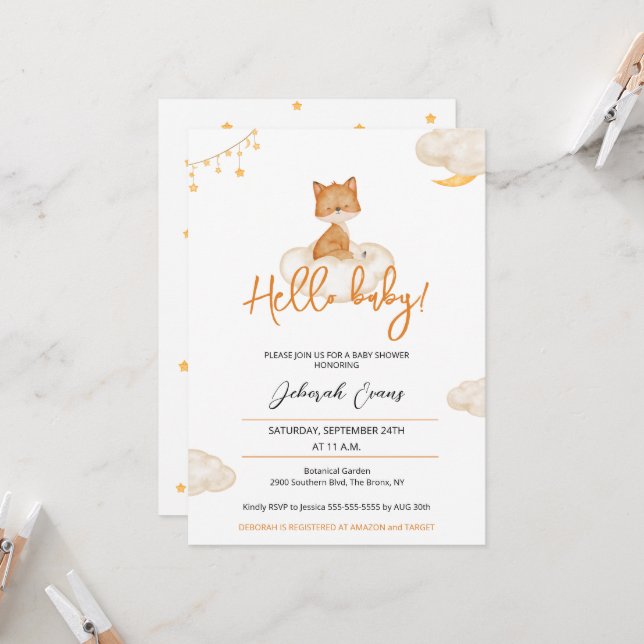 Invitation Baby shower Orange Cute Fox (Devant/Arrière en situation)