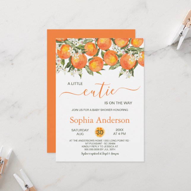 Invitation Baby shower orange de Little Cutie (Devant/Arrière en situation)