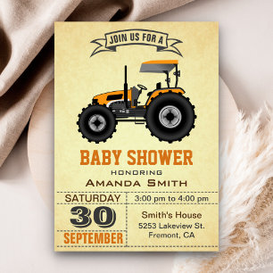 Invitation Baby shower Orange Farm Tractor