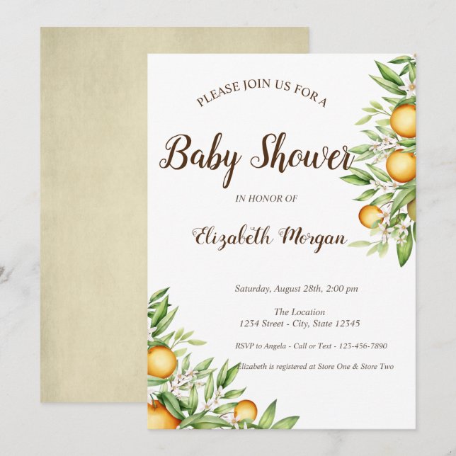 Invitation  Baby Shower Orange, Feuilles Citrus  (Devant / Derrière)