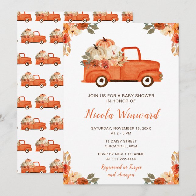 Invitation Baby shower Orange Floral Citrouille (Devant / Derrière)