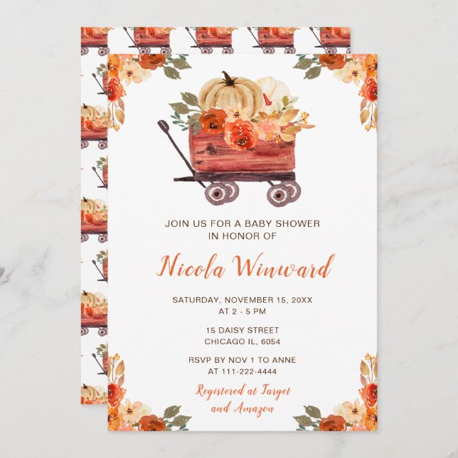 Invitation Baby shower Orange Floral Citrouille (Devant / Derrière)