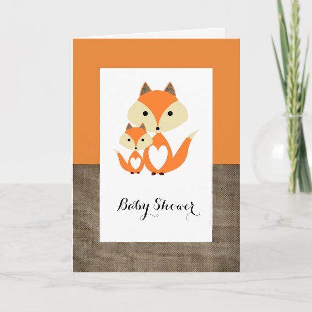 Invitation Baby shower Orange Fox Burlap (Devant)