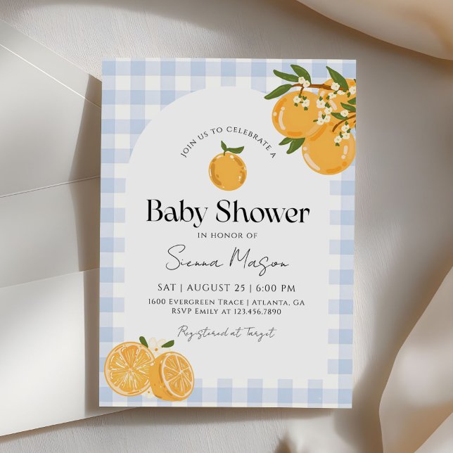 Invitation Baby shower Orange Gingham Citron (Créateur téléchargé)