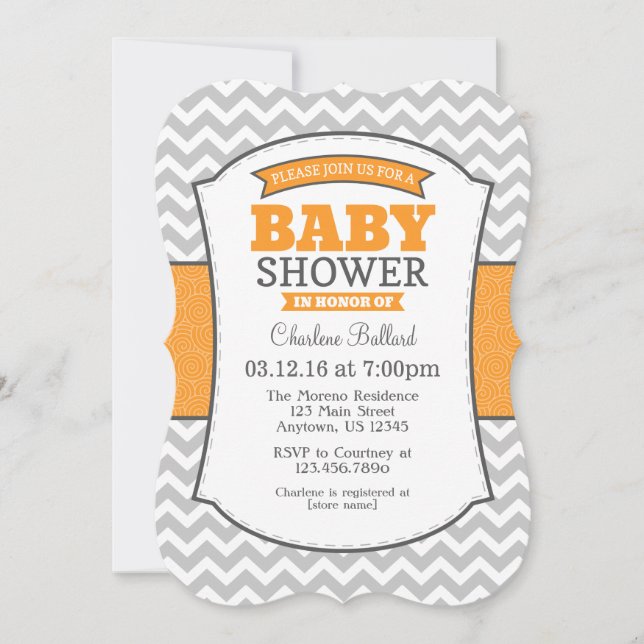 Invitation Baby shower Orange Grey Chevron (Devant)