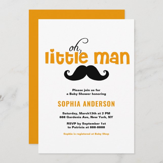 Invitation Baby shower Orange Little Man Mustache (Devant / Derrière)
