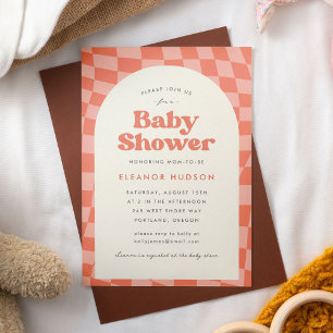 Invitation Baby shower Orange Retro Super les années 70 Check