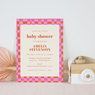 Invitation Baby shower orange rose À damiers Art Abstrait