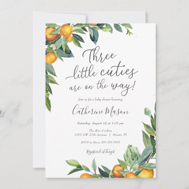 Invitation Baby shower Orange Three Little Cuties (Devant)