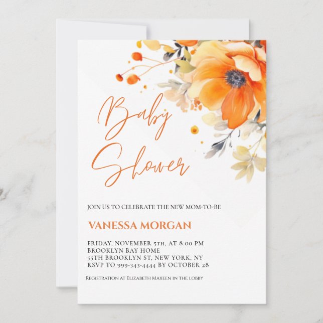 Invitation Baby shower Orange Watercolor Flowers (Devant)
