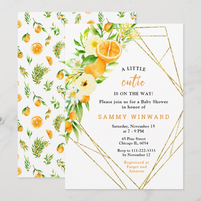 Invitation Baby Shower Oranges et Fleurs (Devant / Derrière)