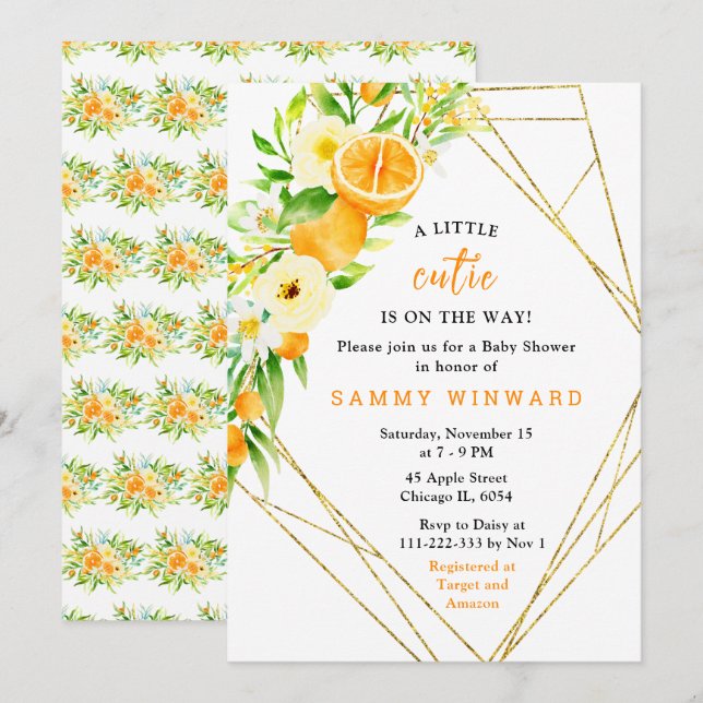 Invitation Baby Shower Oranges et Fleurs (Devant / Derrière)