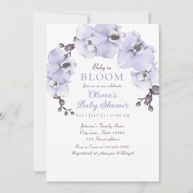Invitation Baby Shower Orchidée Lavande Élégant (Devant)