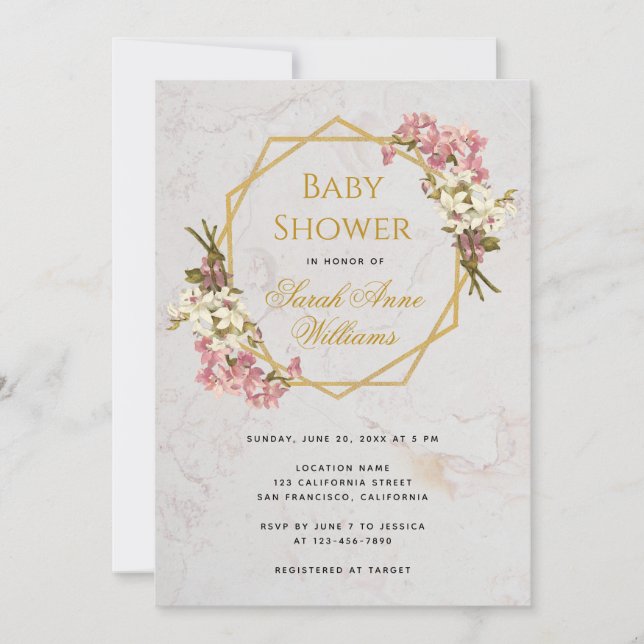 Invitation Baby Shower Orchidées Roses Géométrique Doré (Devant)