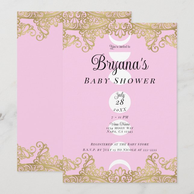 Invitation Baby Shower Orné Rose et Or Temple de la Lune (Devant / Derrière)