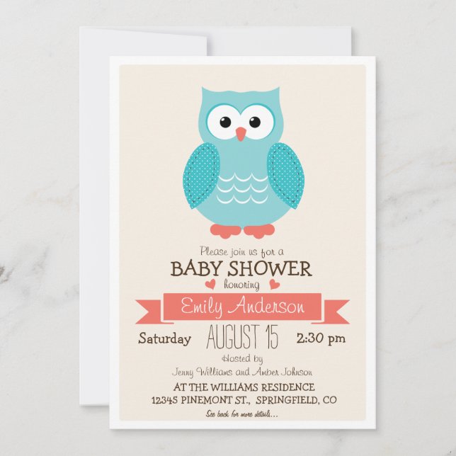 Invitation Baby shower ou arrosage de Chouette Bleue et Corai (Devant)