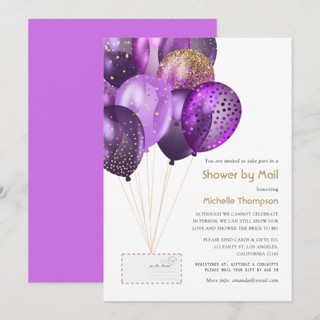 Invitation Baby Shower ou Bridal Shower Violet et Or par la P (Devant / Derrière)