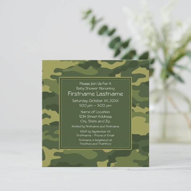 Invitation Baby-Shower ou Fête Camo (Debout devant)